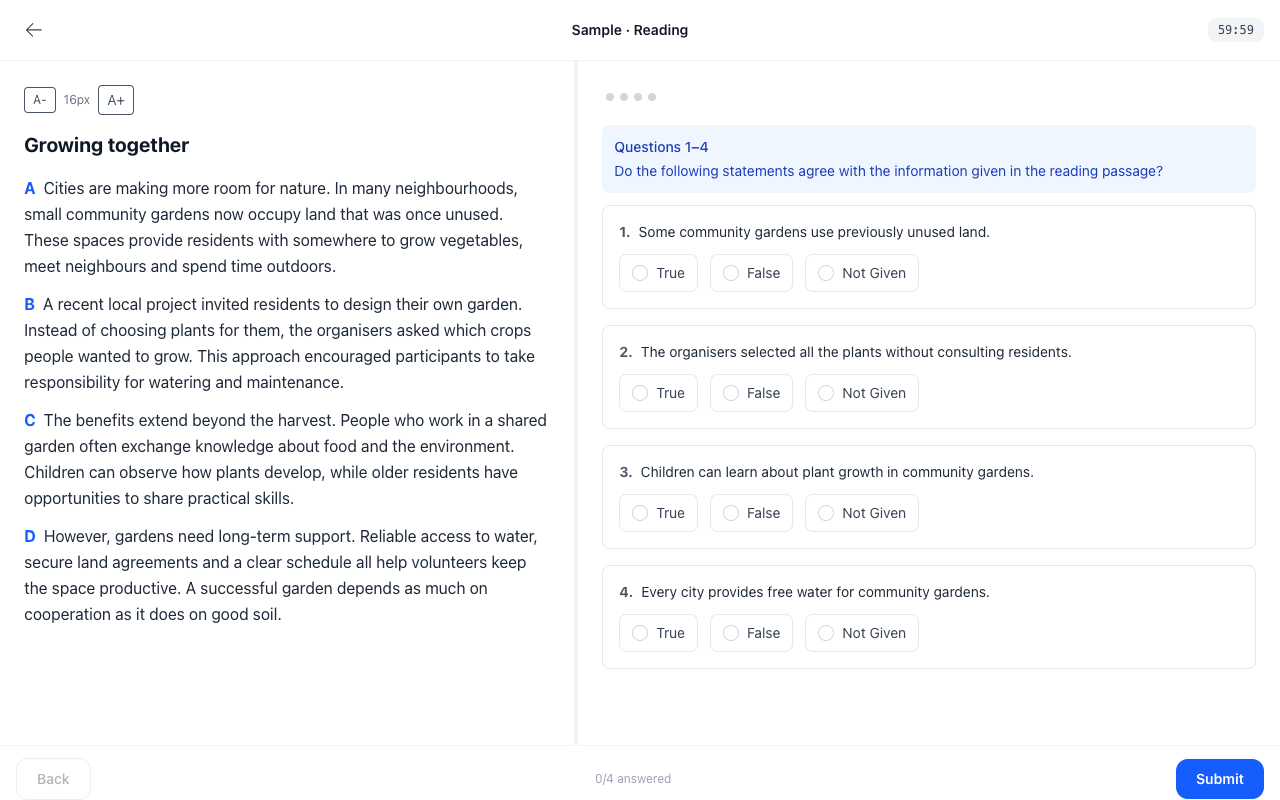 PrepGo Reading practice interface with sample exercise content